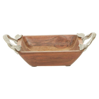 Wooden square bowl with decorative handles on a white background