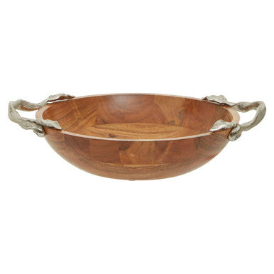 Wooden bowl with metal handles on a white background
