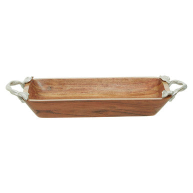 Wooden bread basket with metal handles on a white background