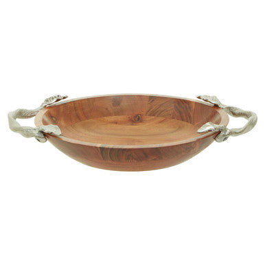Wooden bowl with silver handles on a white background