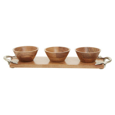 Set of three wooden bowls with handles on a wooden tray