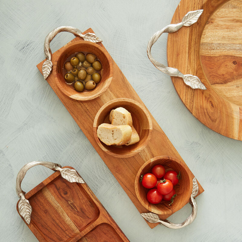 Vine Acacia Wood Set Of 3 Dip Bowls With Tray