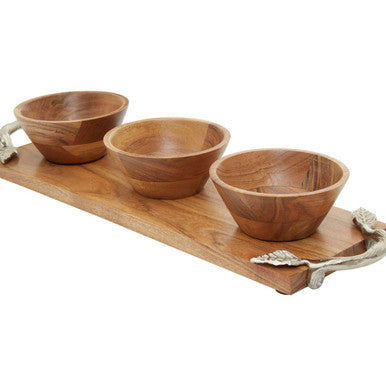 Vine Acacia Wood Set Of 3 Dip Bowls With Tray