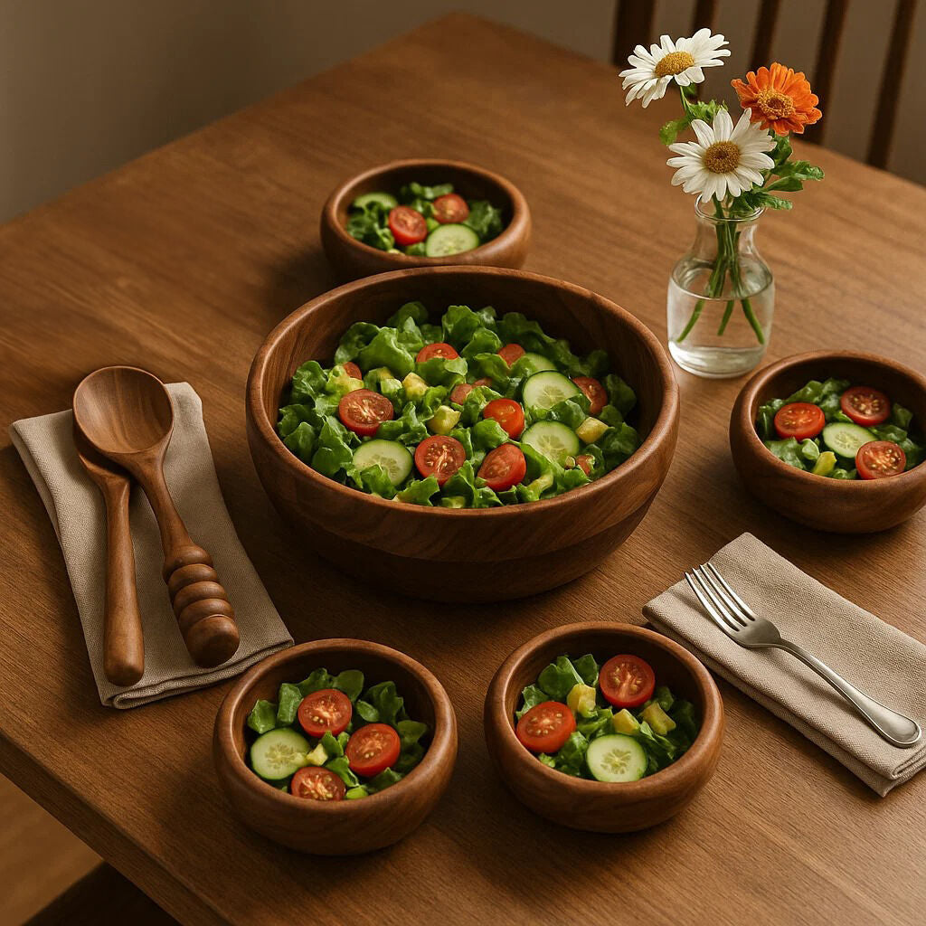 Wooden bowls of salad on a wooden table with a vase of flowers.