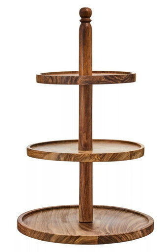 Wooden three-tiered stand on a white background
