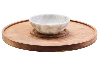 Kora Acacia Wood And White Marble Chip And Dip Platter