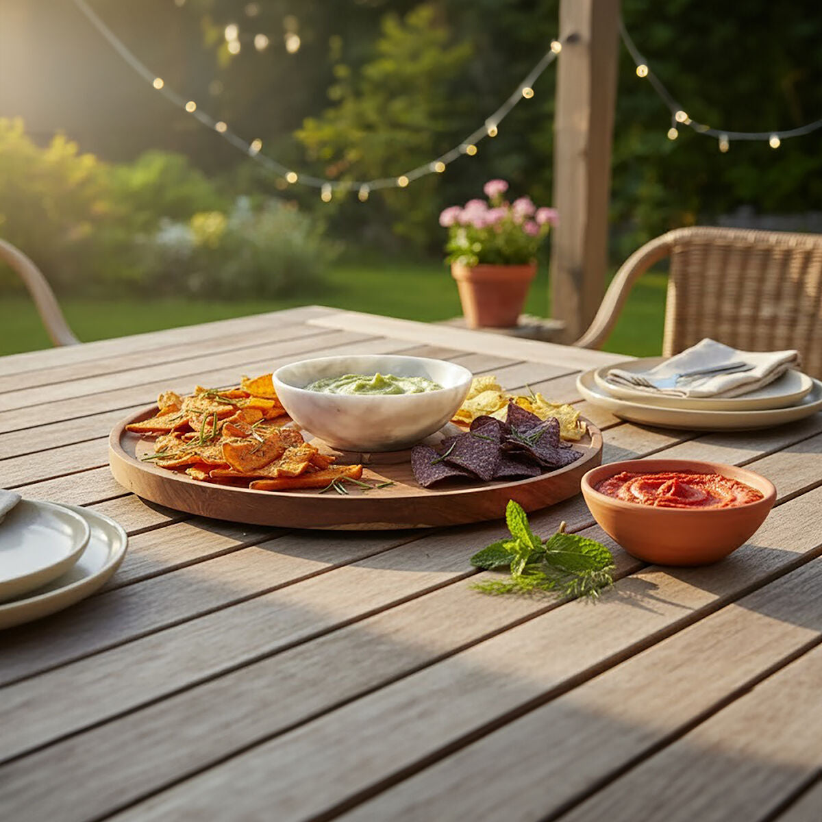 Kora Acacia Wood And White Marble Chip And Dip Platter