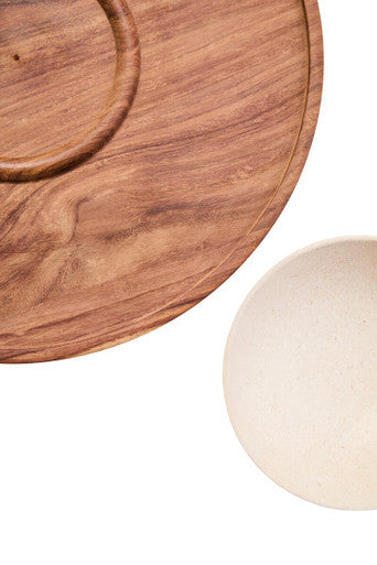 Kora Acacia Wood And Cream Marble Chip And Dip Plate