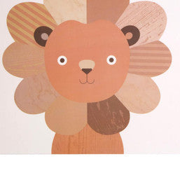 Cartoon lion character with a patterned background