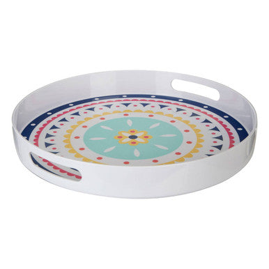 Round tray with colorful geometric pattern on a white background