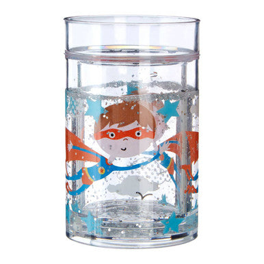 Clear tumbler with a superhero design on a white background