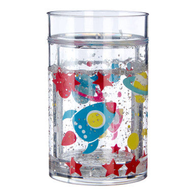Clear tumbler with colorful fish design on a white background