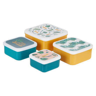 Set of four colorful snack boxes with plant designs on a white background