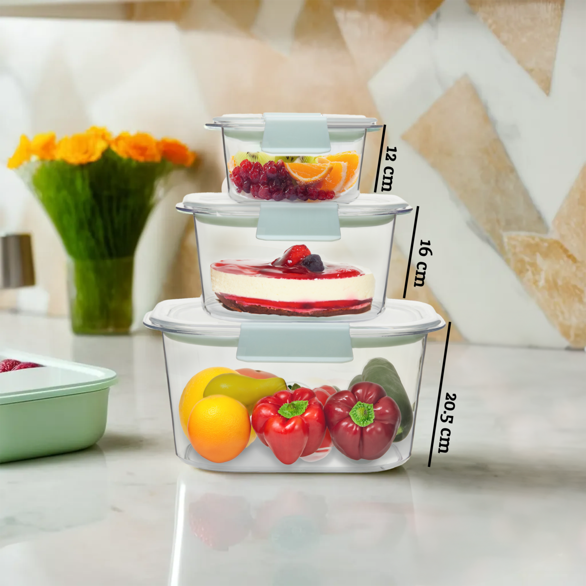 Set of glass food containers with measurements on a kitchen counter