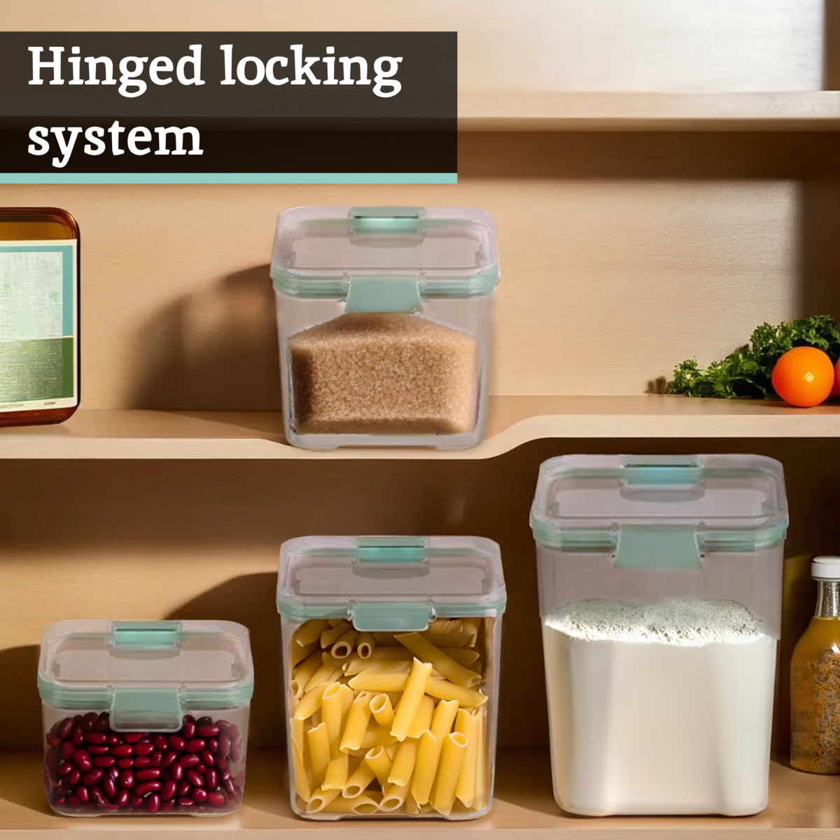 Set of food storage containers with hinged locking system on a kitchen shelf.
