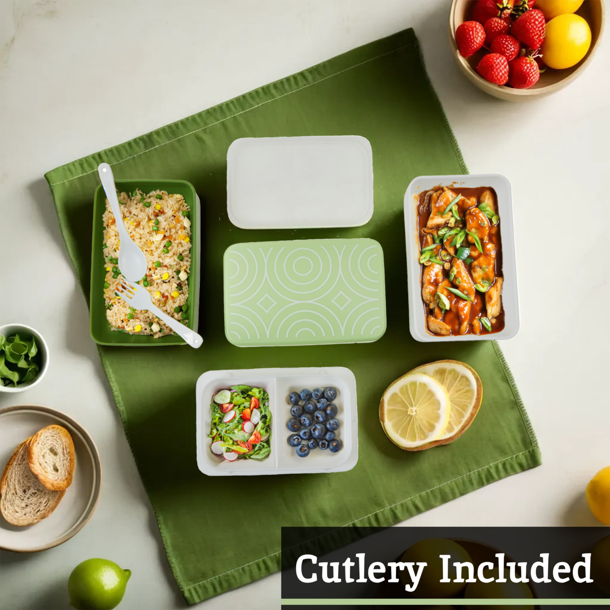 Grub Tub Three Compartment Green Lunch Box With Cutlery - Image 2