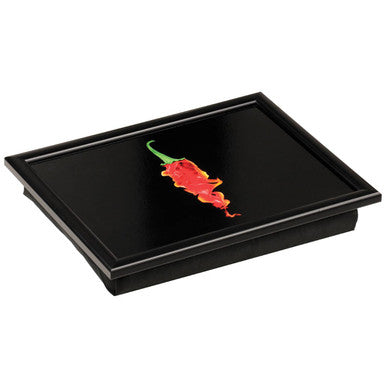 Black tray with a red chili pepper design on a white background
