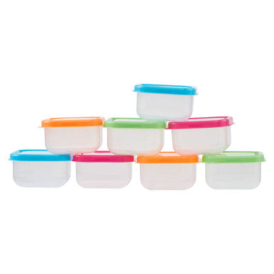 Set of clear plastic containers with colorful lids on a white background