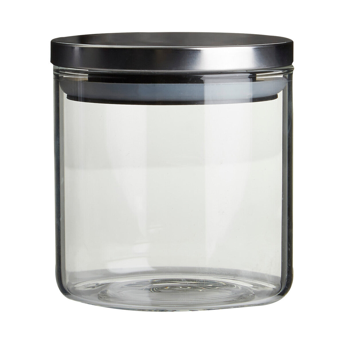 Clear glass jar with a black lid on a white background