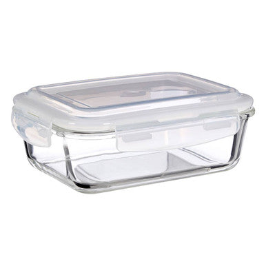 Clear glass food storage container with a white lid on a white background