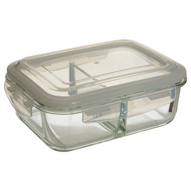 Clear glass food storage container with a transparent lid on a white background