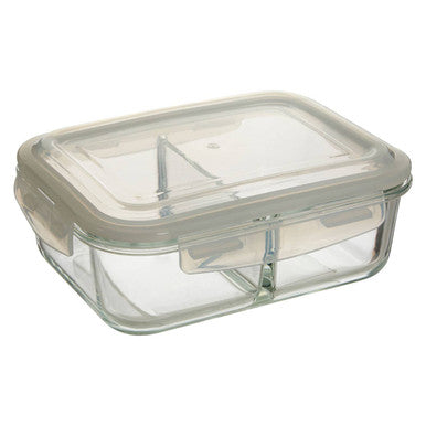 Clear glass food storage container with a beige lid on a white background
