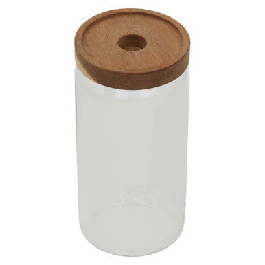 Clear cylindrical container with a wooden lid on a white background