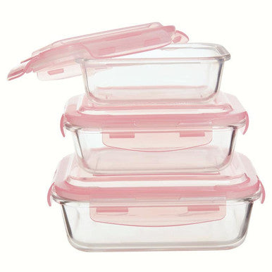 Freska Set Of 3 Rectangular Glass Containers with Pink Lids