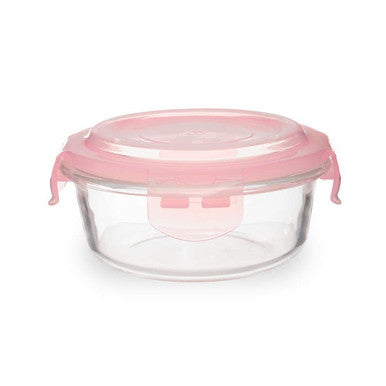Clear glass food container with a pink lid on a white background