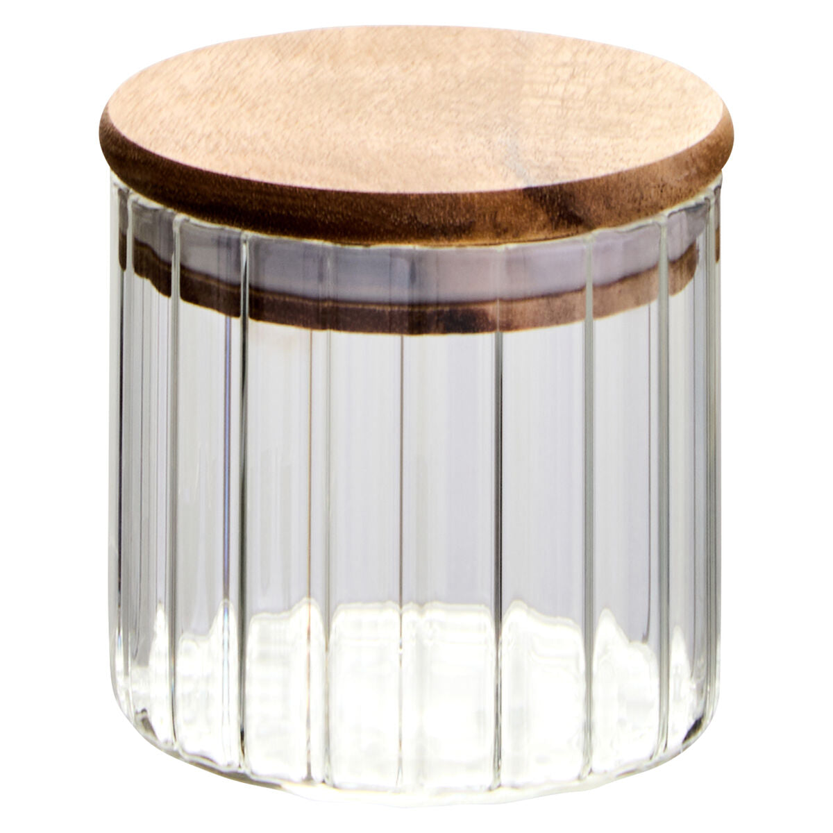 Freska Ribbed Round Glass Jar with Acacia Wood Lid 250ml - Image 1