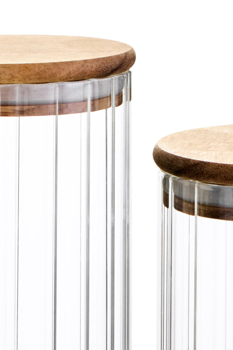 Freska Set of Five Ribbed Round Clear Glass Jars with Acacia Wood Lids