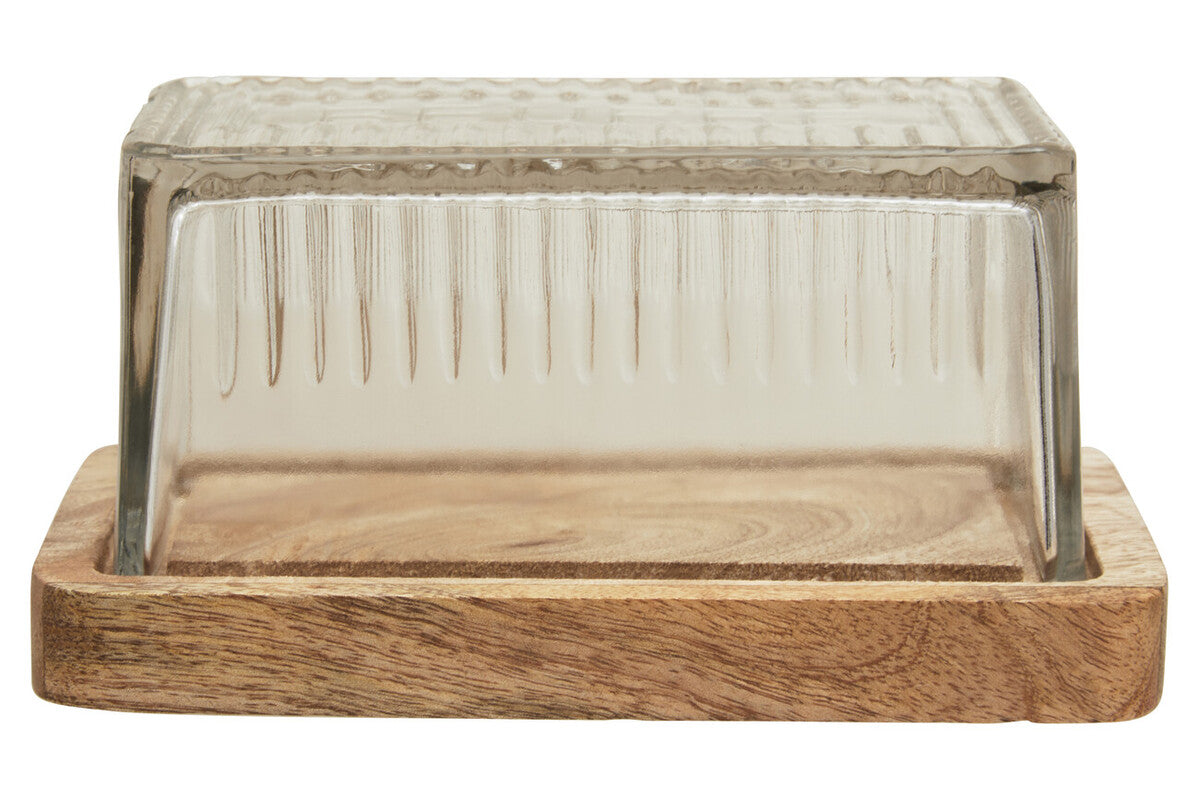 Butter dish with glass cover on a wooden base