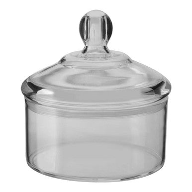 Clear glass jar with a lid on a white background