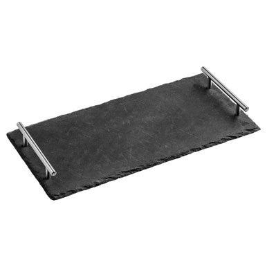 Slate tray with metal handles on a white background