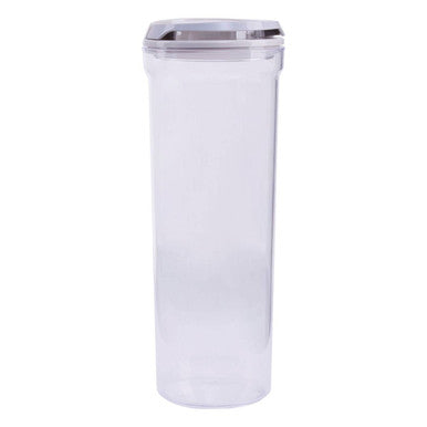 White cylindrical container with a silver lid on a white background