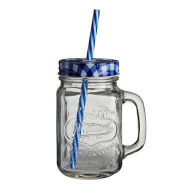 Embossed Mason Square Jar Mug With Blue Gingham Lid