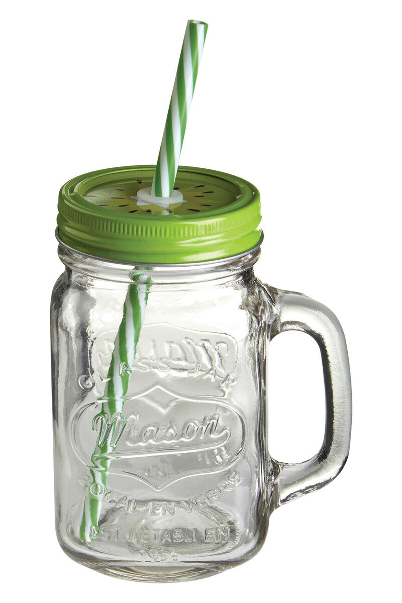 Embossed Mason Square Jar Mug With Kiwi Lid