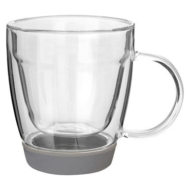 Clear glass mug with a gray base on a white background