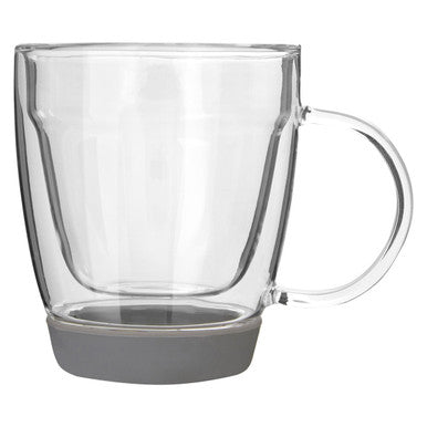 Clear glass mug with a gray base and handle on a white background