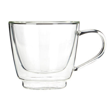 Clear glass mug with handle on a white background