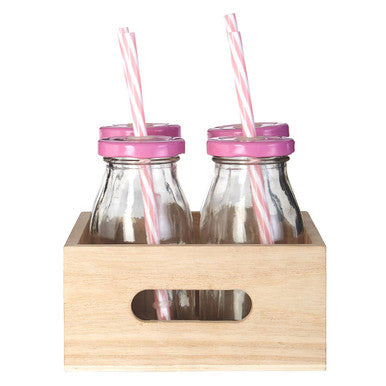 Pink Straws And Lids Glass Drinking Milk Bottles