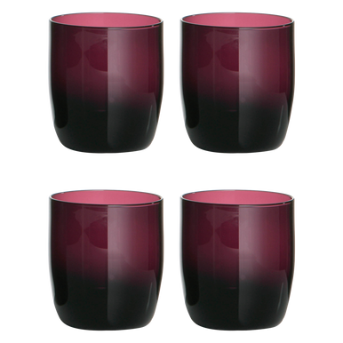 Four tumblers with a gradient design from pink to black on a white background