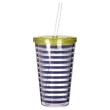 Clear tumbler with blue and white stripes and a green lid on a white background