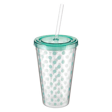 Clear tumbler with green polka dots and lid on a white background