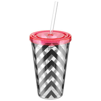 Clear tumbler with black chevron pattern and pink lid on a white background