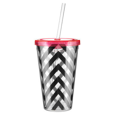 Clear tumbler with black and white chevron pattern and pink lid on a white background