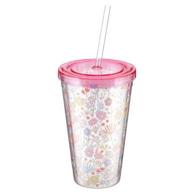 Clear tumbler with floral design and pink lid on a white background