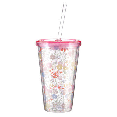 Clear tumbler with floral design and pink lid on a white background