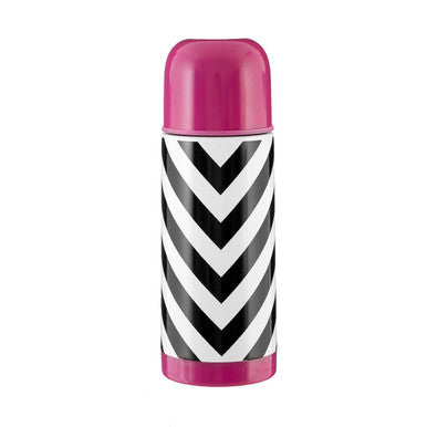 Thermos bottle with black and white chevron pattern and pink top and bottom on a white background