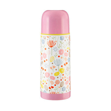 Floral-patterned thermos with pink lid and base on a white background